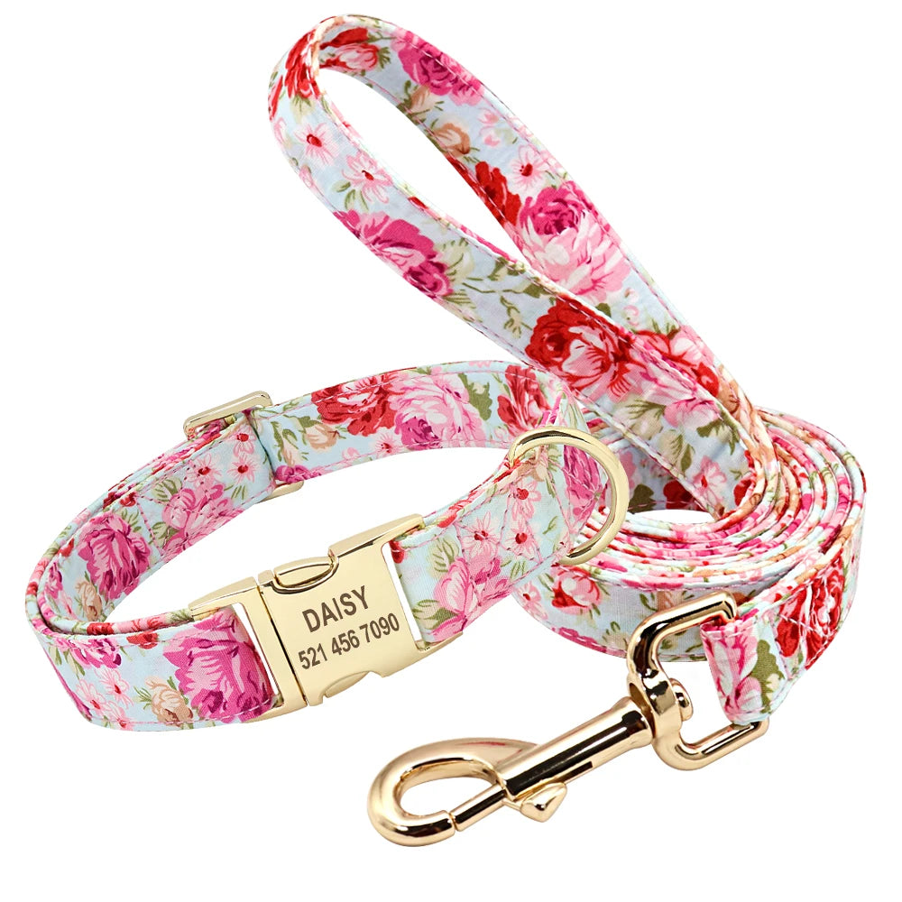 Personalized Nylon Dog Collar And Leash Set With Engraved Nameplate