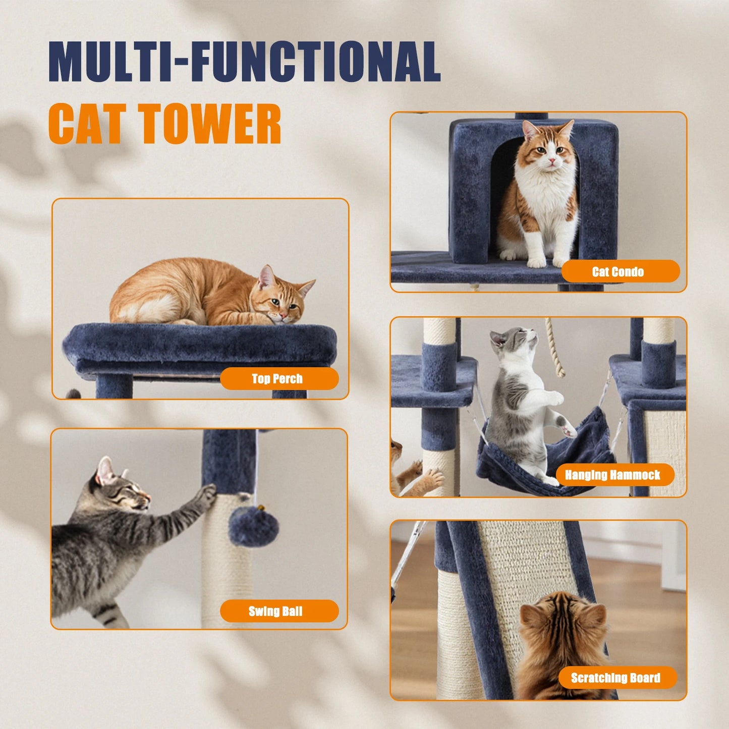 JHK 63 Inch Multi Cat Tree With Natural Sisal Scratching Posts And House