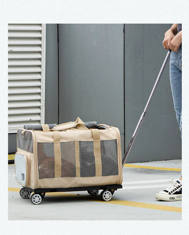 JXB Double Compartment Pet Carrier with Detachable Wheels Rolling Case
