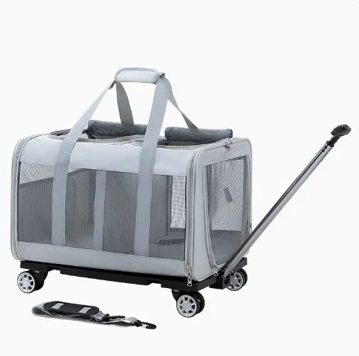 JXB Double Compartment Pet Carrier with Detachable Wheels Rolling Case
