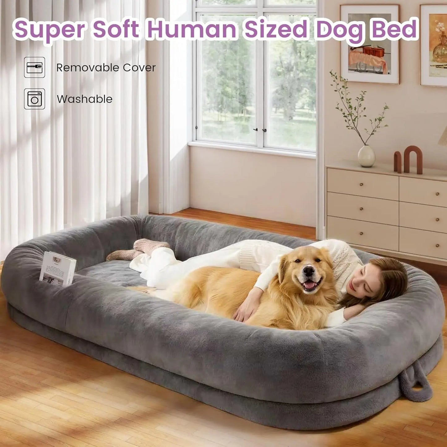 71x43x10 Inch Orthopedic Human Dog Bed with Waterproof Washable Cover, Light Grey