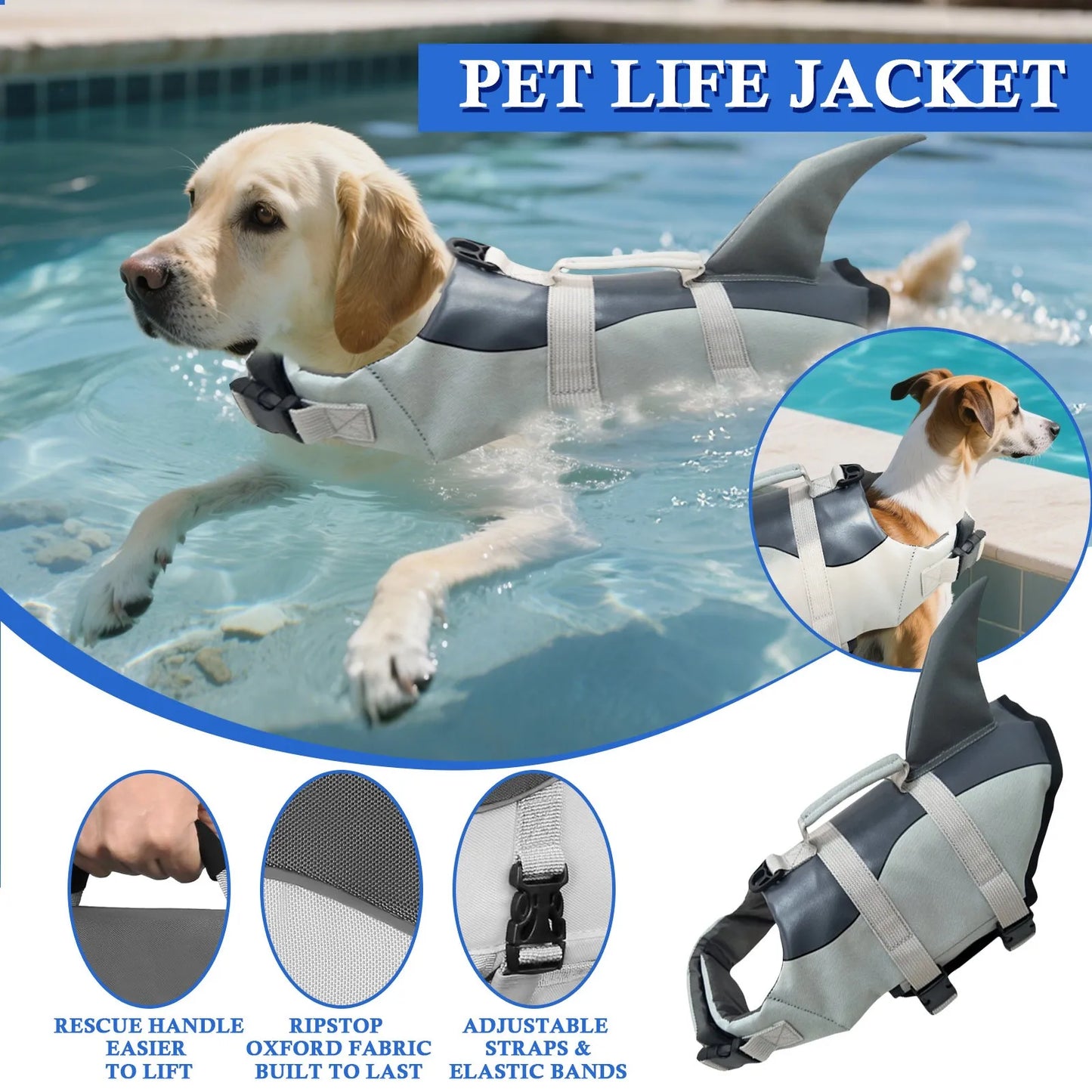 Shark Dog Life Jacket With Handle Safety Vest For Dogs