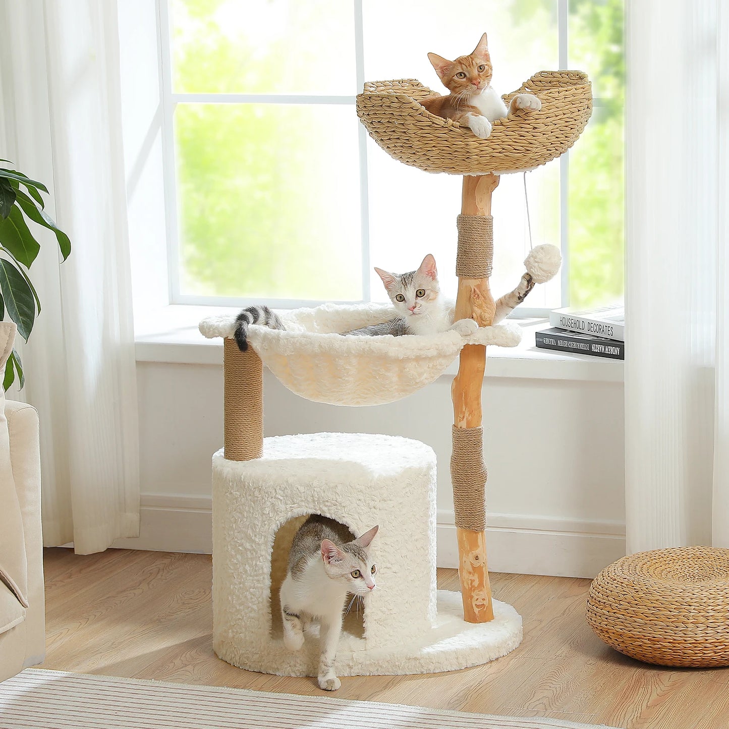 PAWZ Road Modern Cat Tree Tower With Solid Wood Scratching Posts Wicker Basket