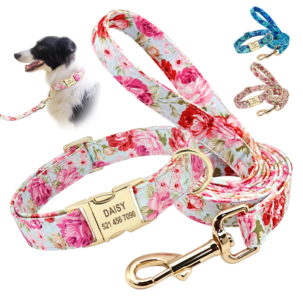 Personalized Nylon Dog Collar And Leash Set With Engraved Nameplate