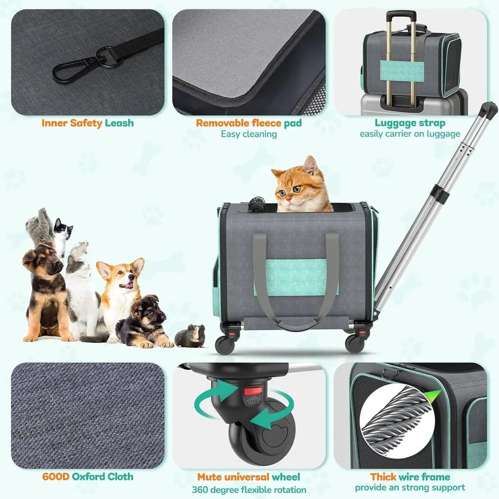 Cat Carrier with Wheels Airline Approved: Expandable Rolling Dog Carrier for Small Dog Under 20lbs - Cat Soft Carrier Pet Travel