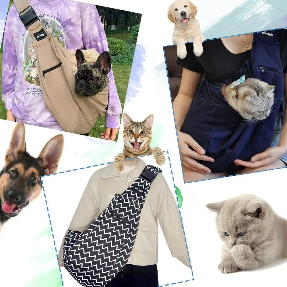Pet Dog Sling Carrier - Dog Sling with Net Bag for Carrier Dogs Cats-Hands Free Pet Bag-Buckle net Pocket pet Bag (Khaki)