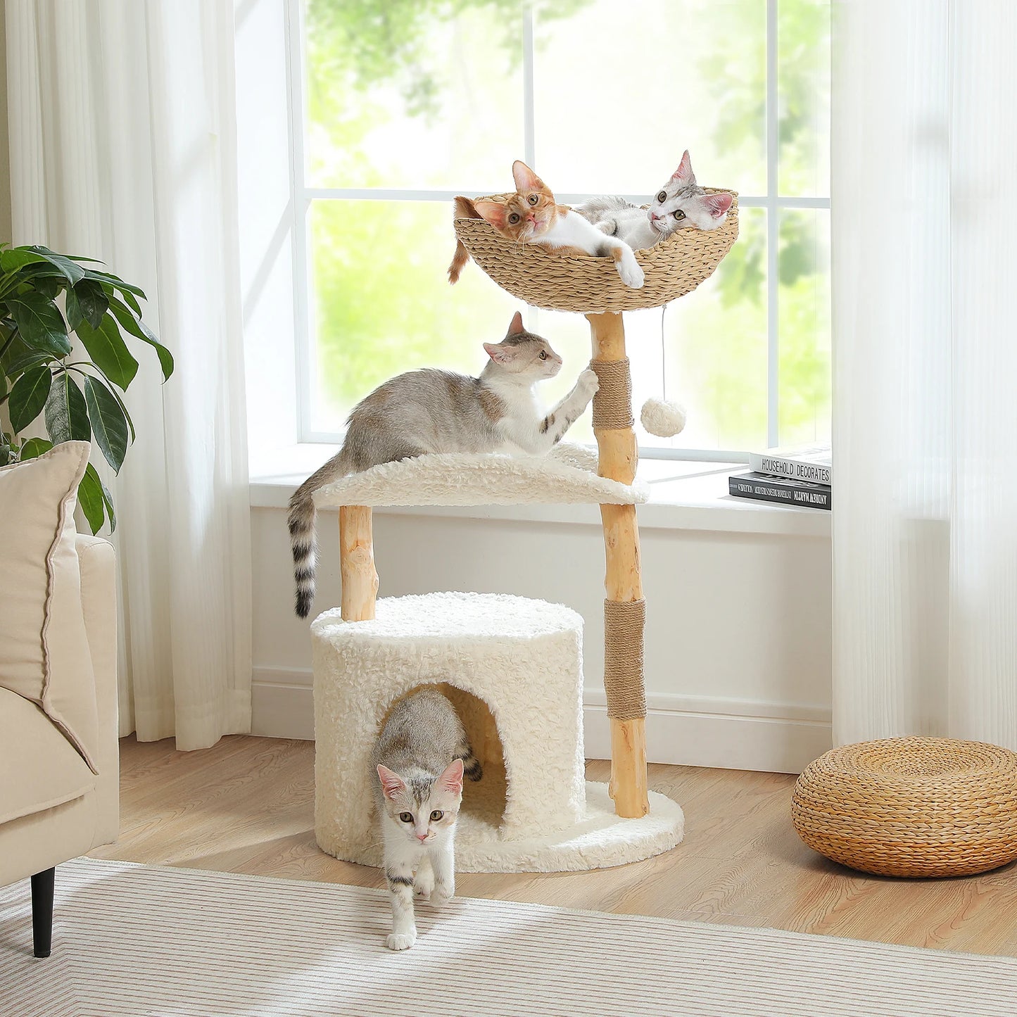 PAWZ Road Modern Cat Tree Tower With Solid Wood Scratching Posts Wicker Basket