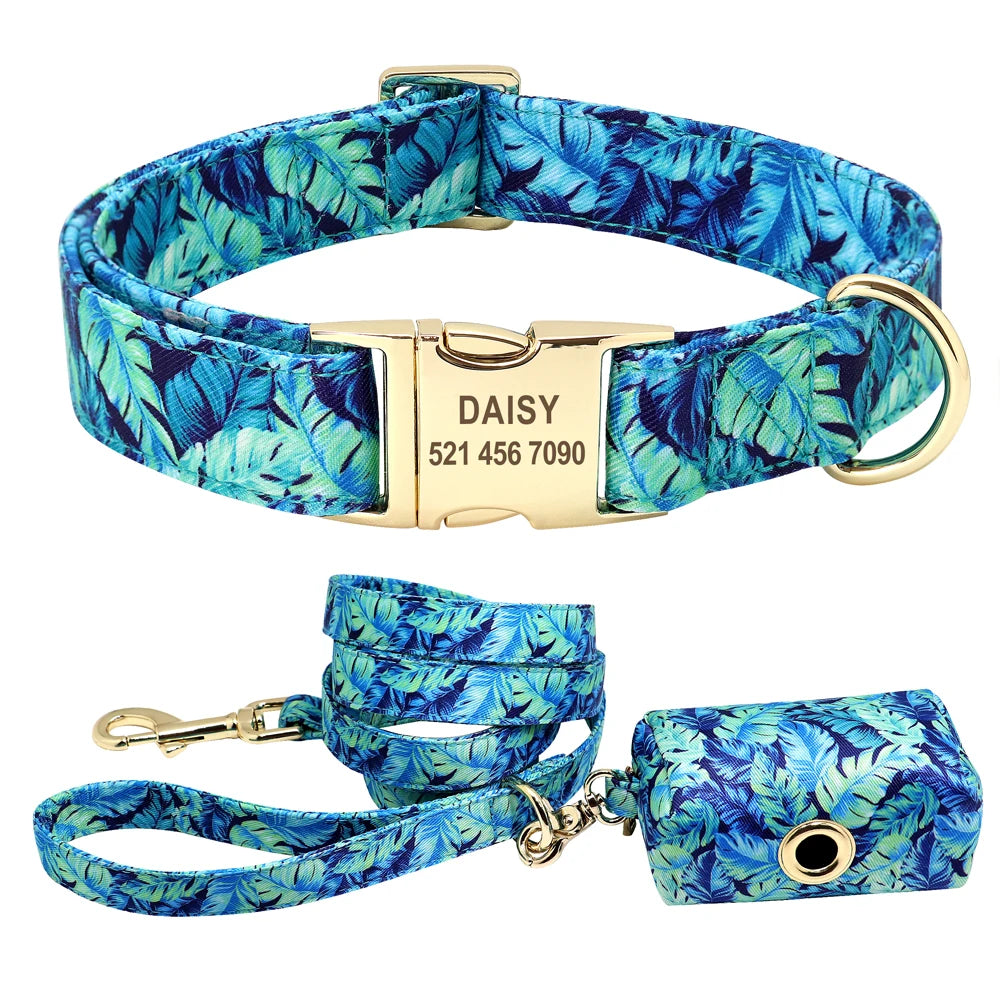 Personalized Nylon Dog Collar And Leash Set With Engraved Nameplate