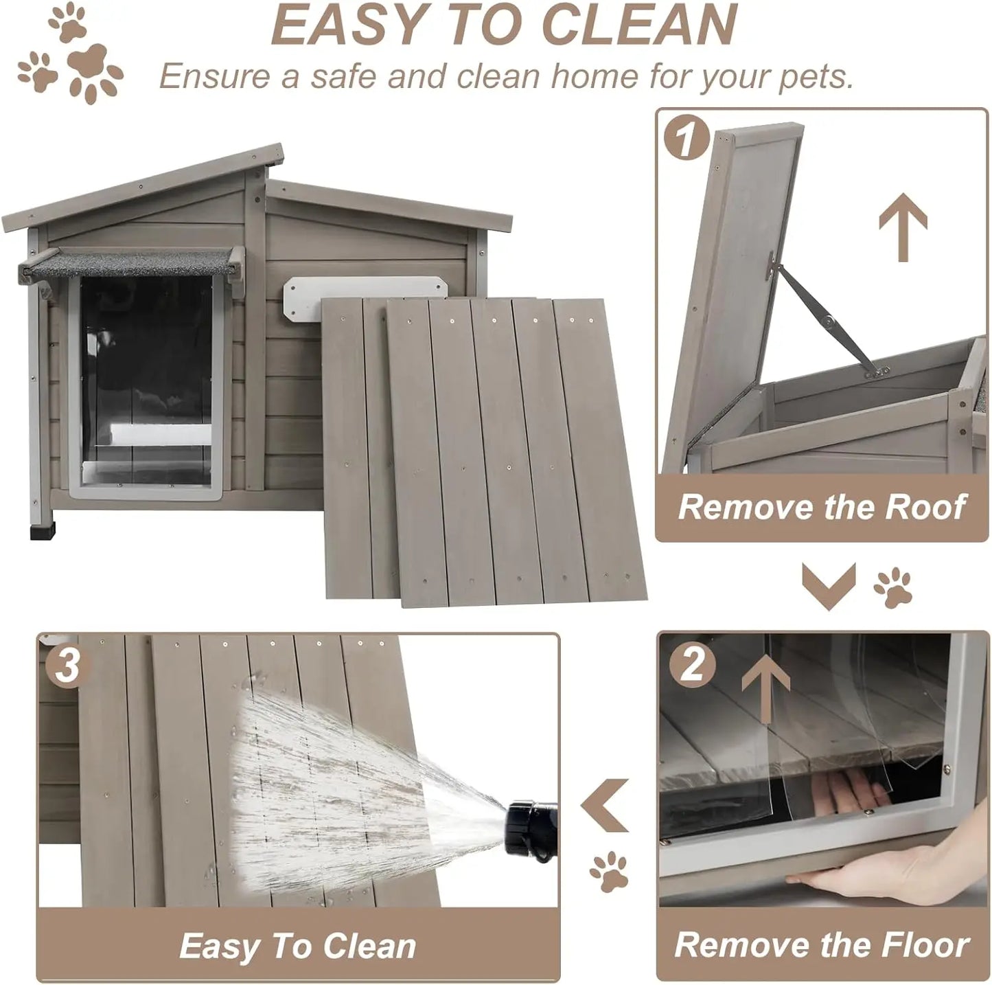 34" L Outdoor Dog House with Removable Floor, Raised Feet, Anti-Chewing Iron Frame – Weatherproof Wooden Kennel with Roof, Movab