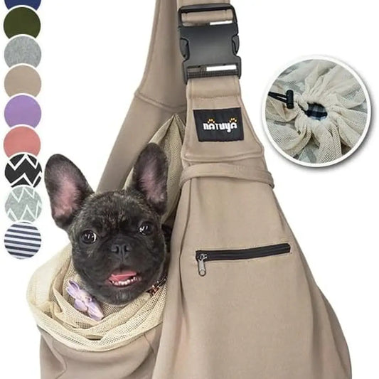 Pet Dog Sling Carrier - Dog Sling with Net Bag for Carrier Dogs Cats-Hands Free Pet Bag-Buckle net Pocket pet Bag (Khaki)
