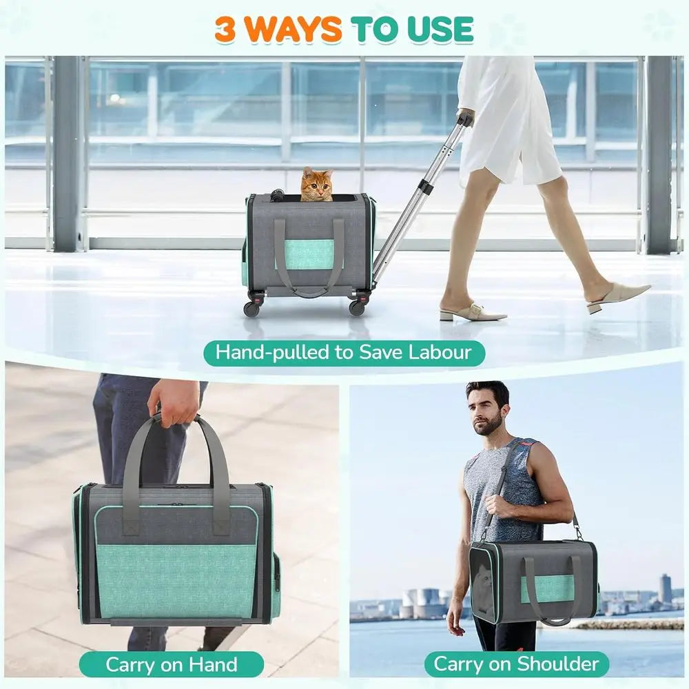 Cat Carrier with Wheels Airline Approved: Expandable Rolling Dog Carrier for Small Dog Under 20lbs - Cat Soft Carrier Pet Travel