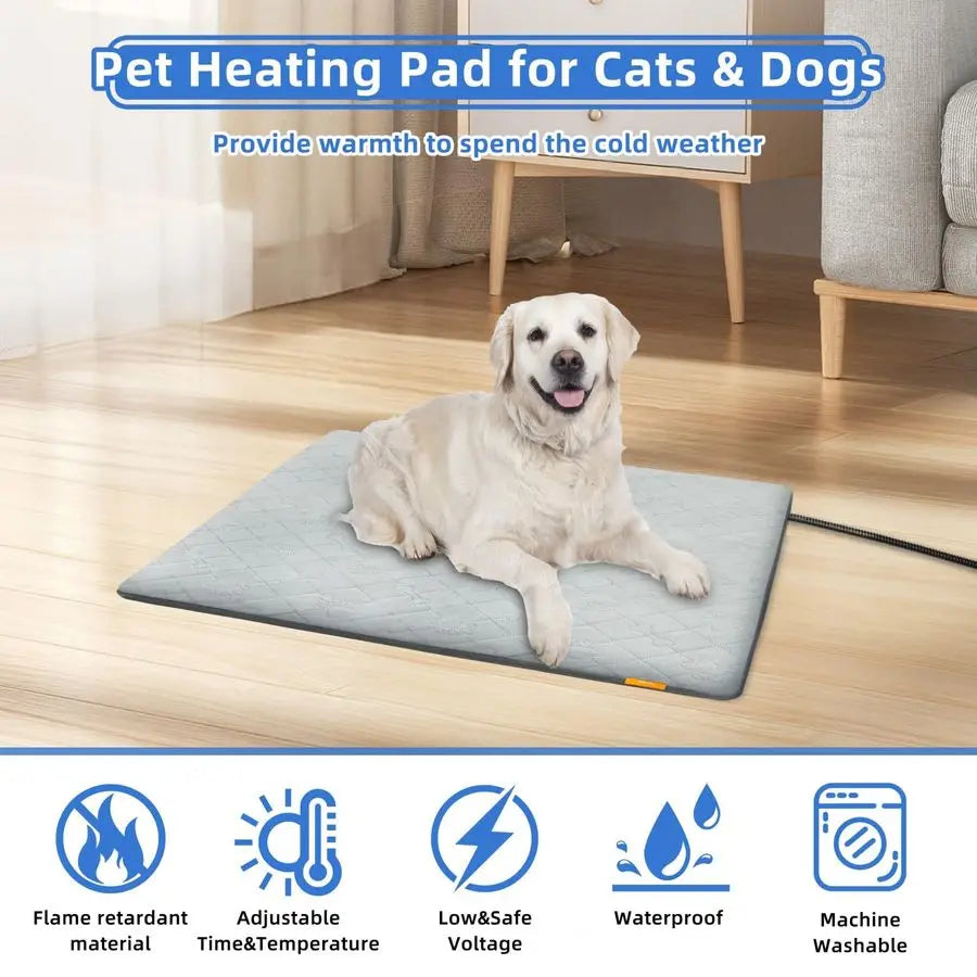 Heating Pad for Cats Dogs Electric Heated Bed Waterproof Warming Mat Indoor Outdoor Chew Resistant Cord Adjustable 5 Timer and 6