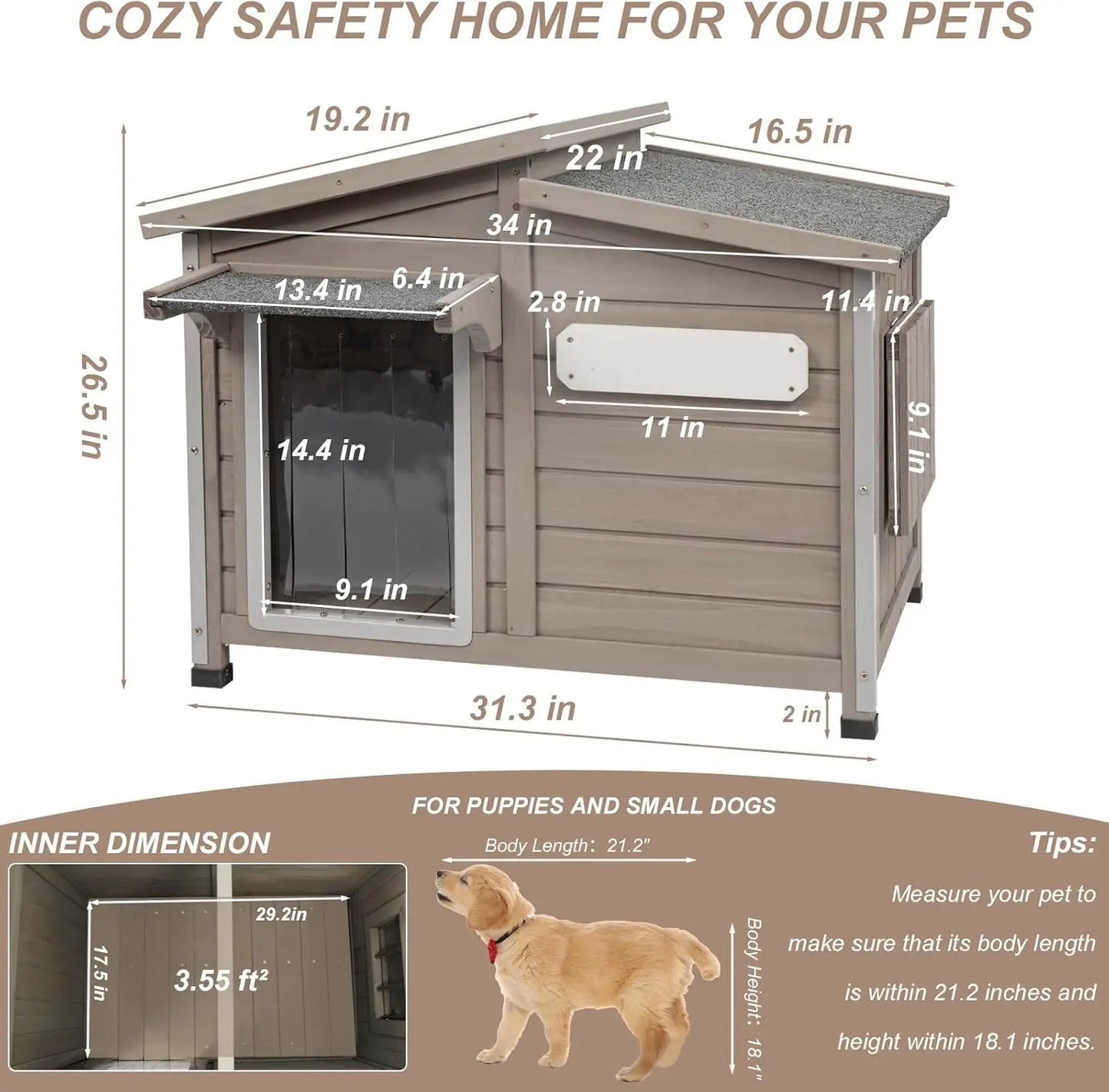 34" L Outdoor Dog House with Removable Floor, Raised Feet, Anti-Chewing Iron Frame – Weatherproof Wooden Kennel with Roof, Movab