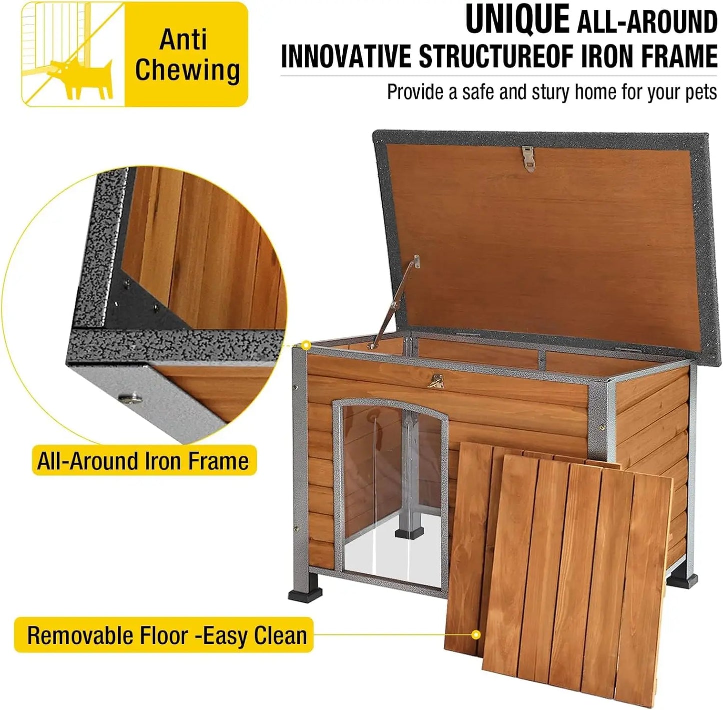 Outdoor Indoor All-Season Dog House with Iron Frame, Raised Floor & Waterproof Design for Small Medium Large Dogs
