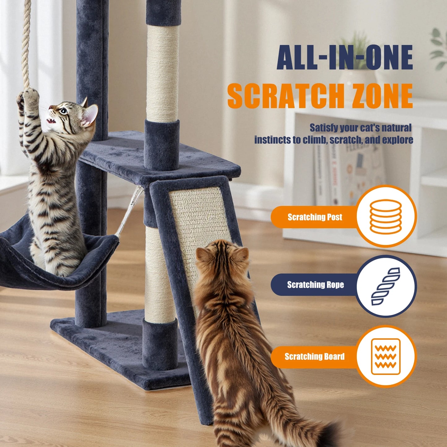 JHK 63 Inch Multi Cat Tree With Natural Sisal Scratching Posts And House