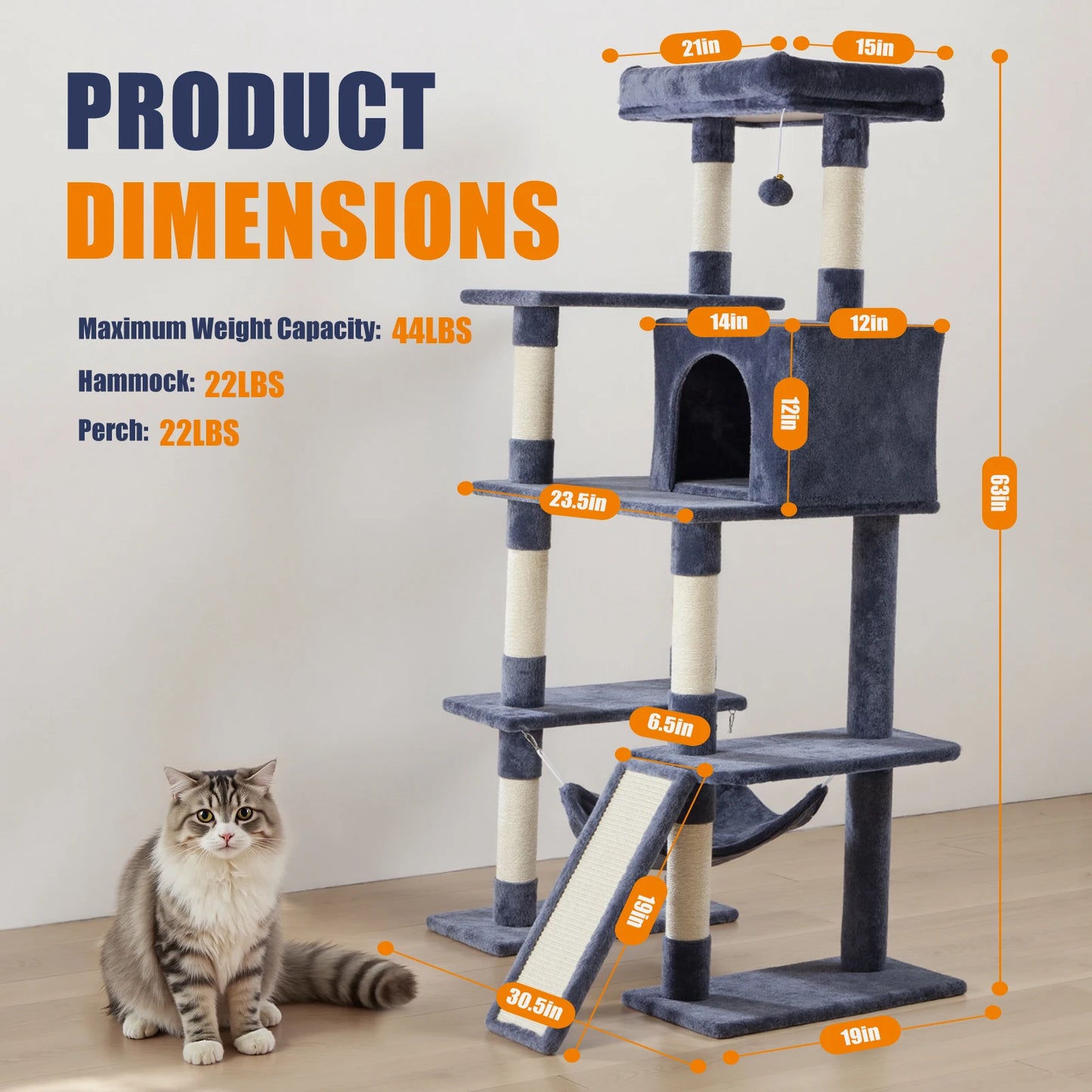 JHK 63 Inch Multi Cat Tree With Natural Sisal Scratching Posts And House