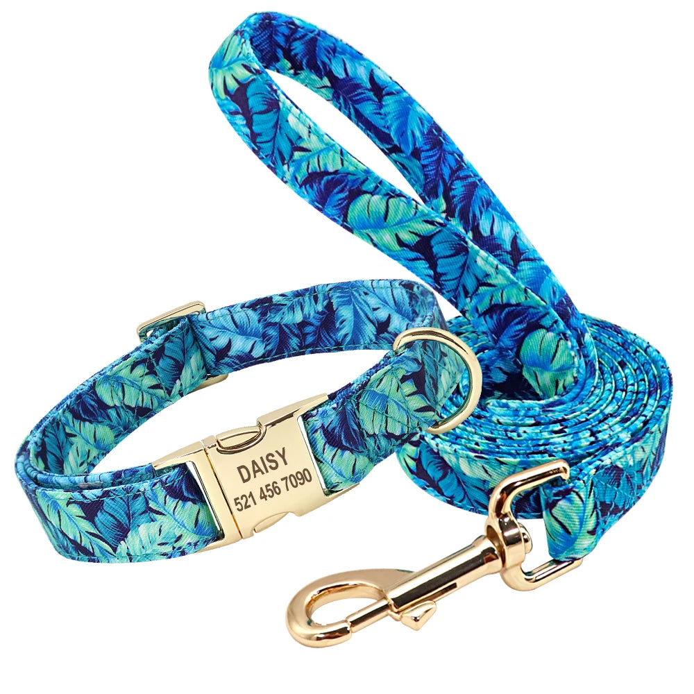 Personalized Nylon Dog Collar And Leash Set With Engraved Nameplate
