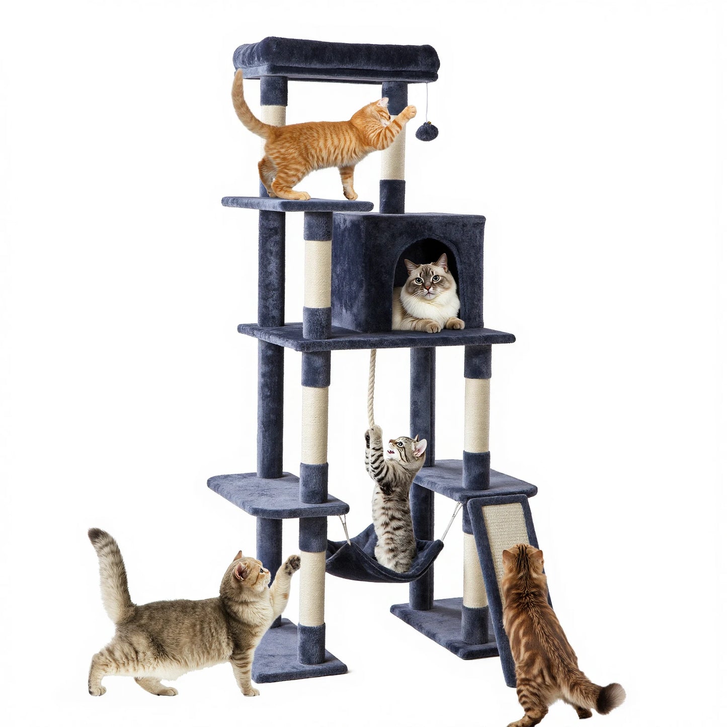 JHK 63 Inch Multi Cat Tree With Natural Sisal Scratching Posts And House