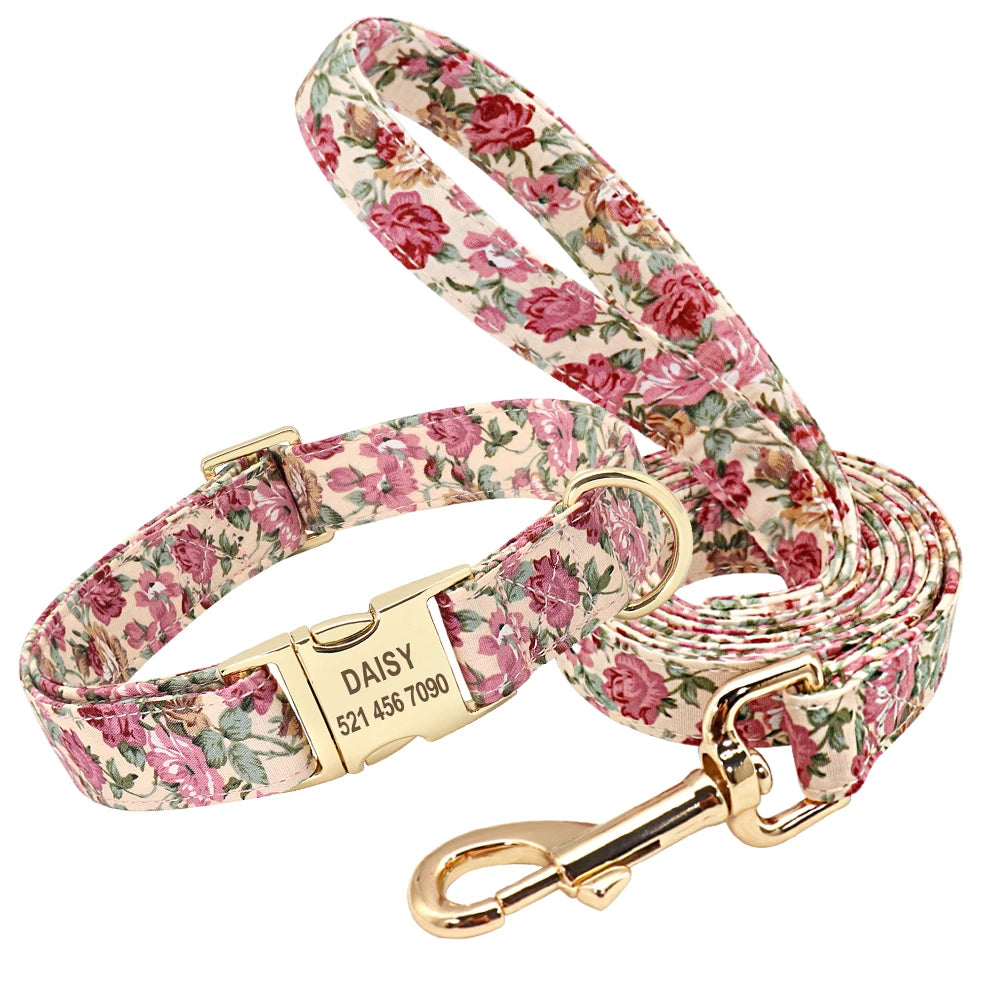 Personalized Nylon Dog Collar And Leash Set With Engraved Nameplate