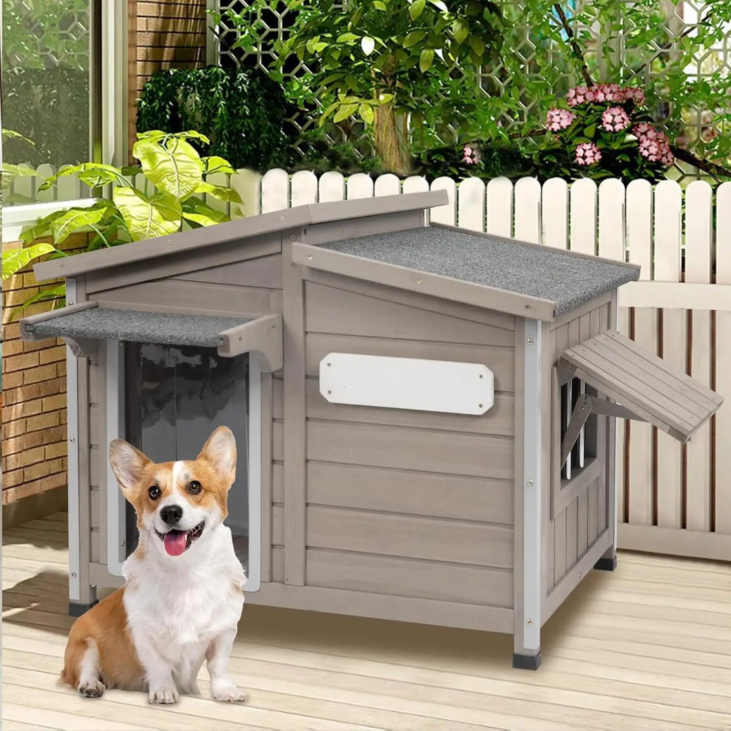 34" L Outdoor Dog House with Removable Floor, Raised Feet, Anti-Chewing Iron Frame – Weatherproof Wooden Kennel with Roof, Movab
