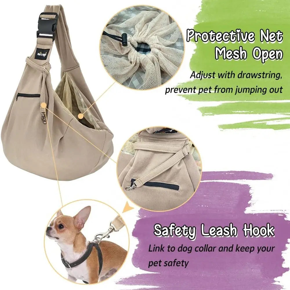 Pet Dog Sling Carrier - Dog Sling with Net Bag for Carrier Dogs Cats-Hands Free Pet Bag-Buckle net Pocket pet Bag (Khaki)