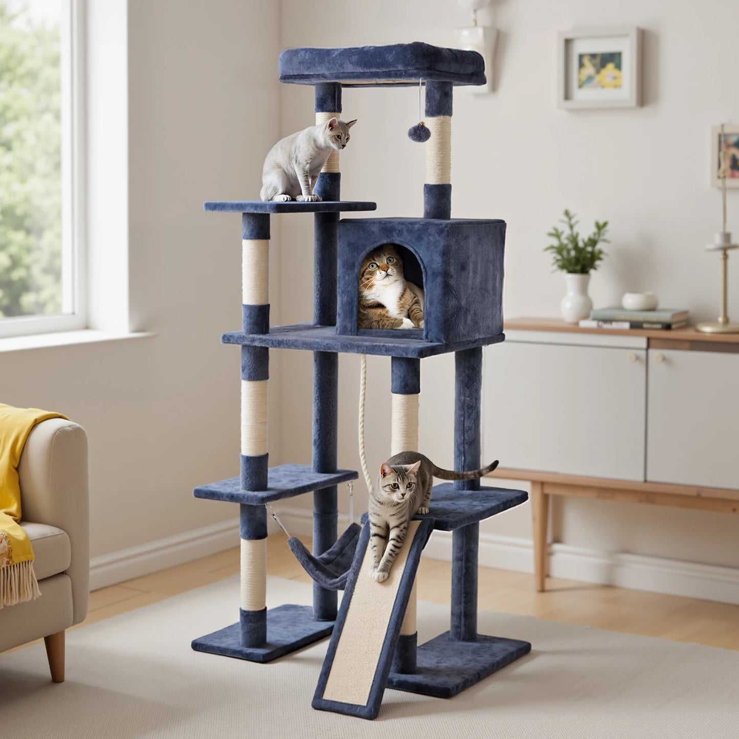 JHK 63 Inch Multi Cat Tree With Natural Sisal Scratching Posts And House