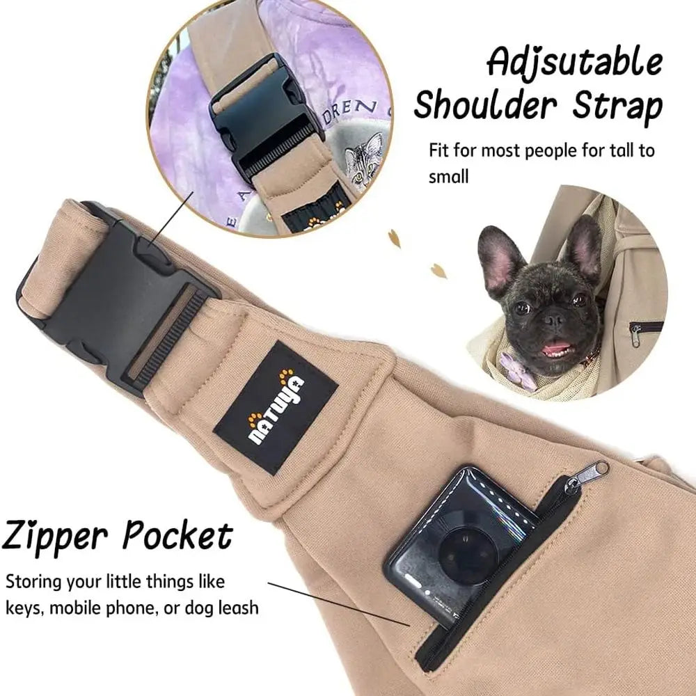Pet Dog Sling Carrier - Dog Sling with Net Bag for Carrier Dogs Cats-Hands Free Pet Bag-Buckle net Pocket pet Bag (Khaki)