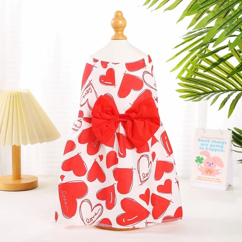 Spring Dog Princess Dress Heart Patten Pet Skirt Cute Dog‘s Summer Dress Bow Lace for Small Medium Puppy Poodle Chihuahua
