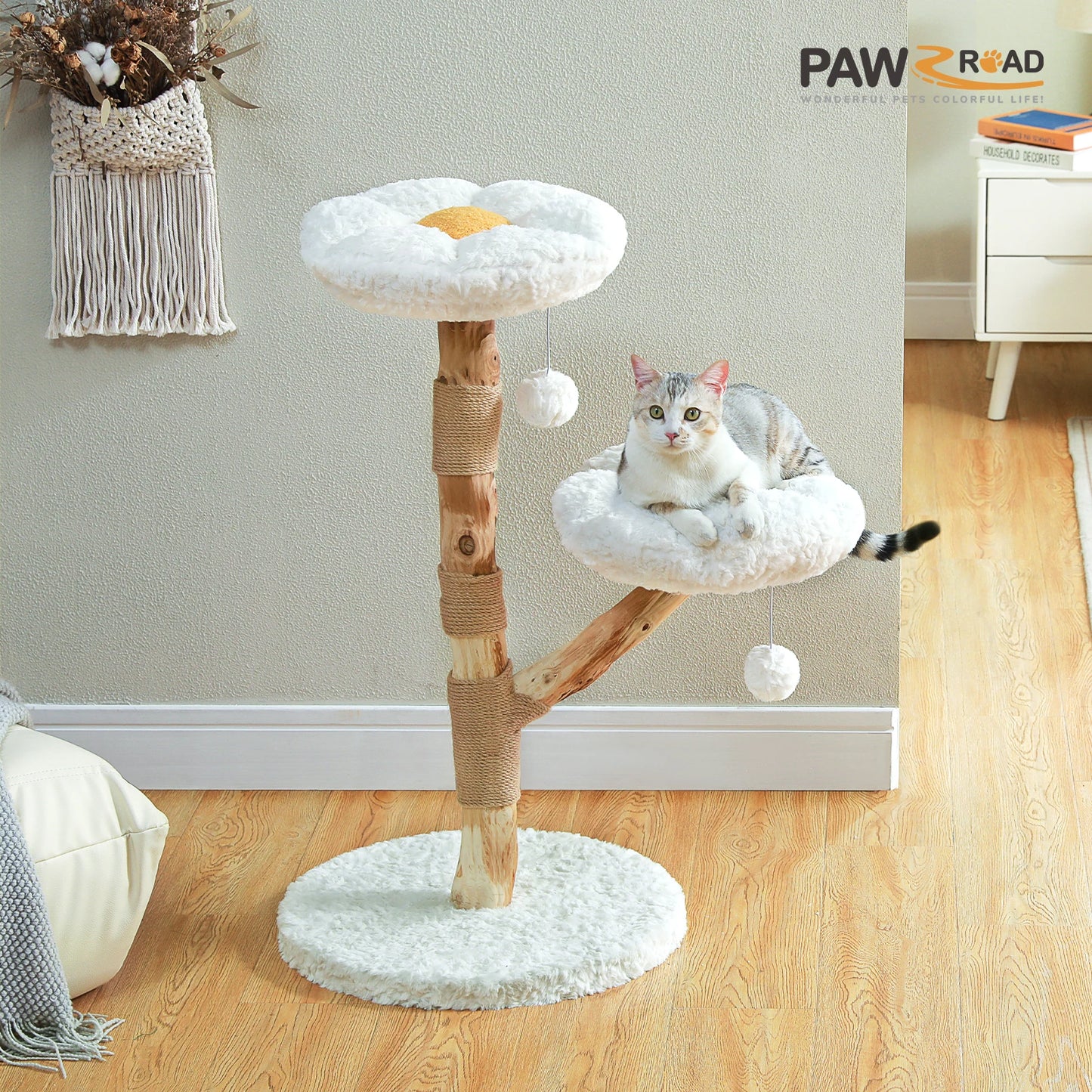 PAWZ Road Modern Cat Tree Tower With Solid Wood Scratching Posts Wicker Basket