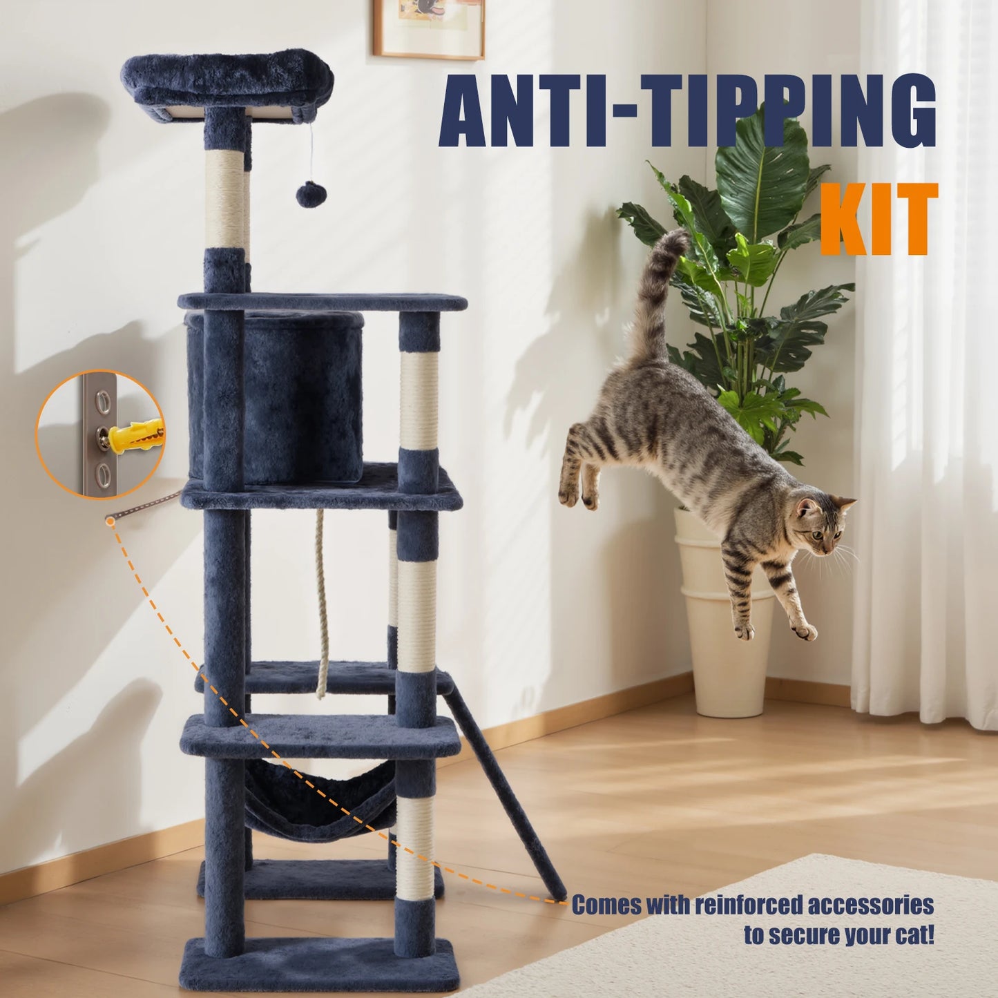 JHK 63 Inch Multi Cat Tree With Natural Sisal Scratching Posts And House