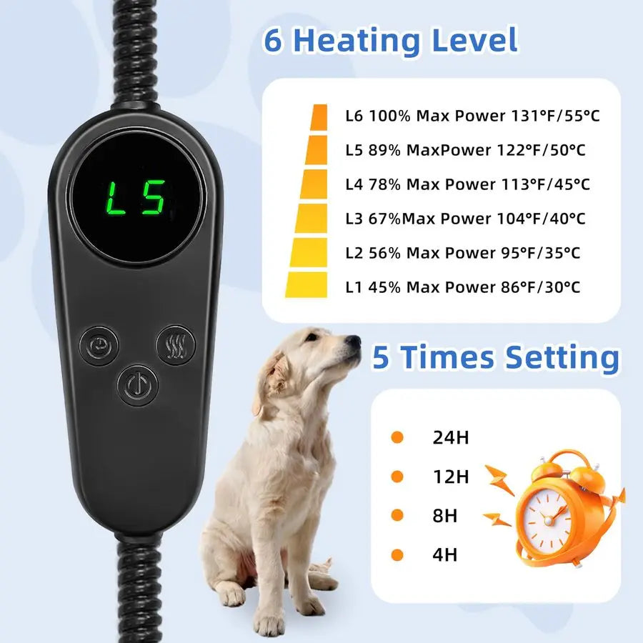 Heating Pad for Cats Dogs Electric Heated Bed Waterproof Warming Mat Indoor Outdoor Chew Resistant Cord Adjustable 5 Timer and 6