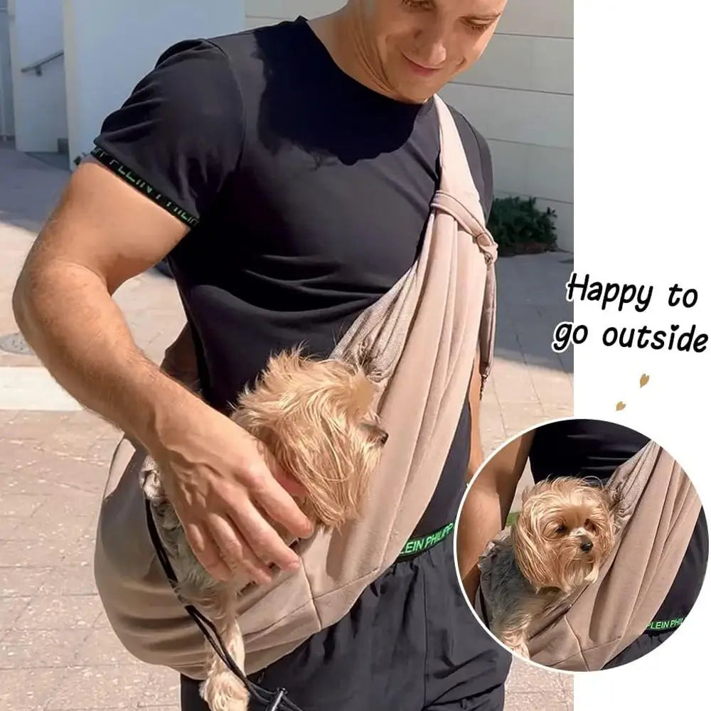 Pet Dog Sling Carrier - Dog Sling with Net Bag for Carrier Dogs Cats-Hands Free Pet Bag-Buckle net Pocket pet Bag (Khaki)